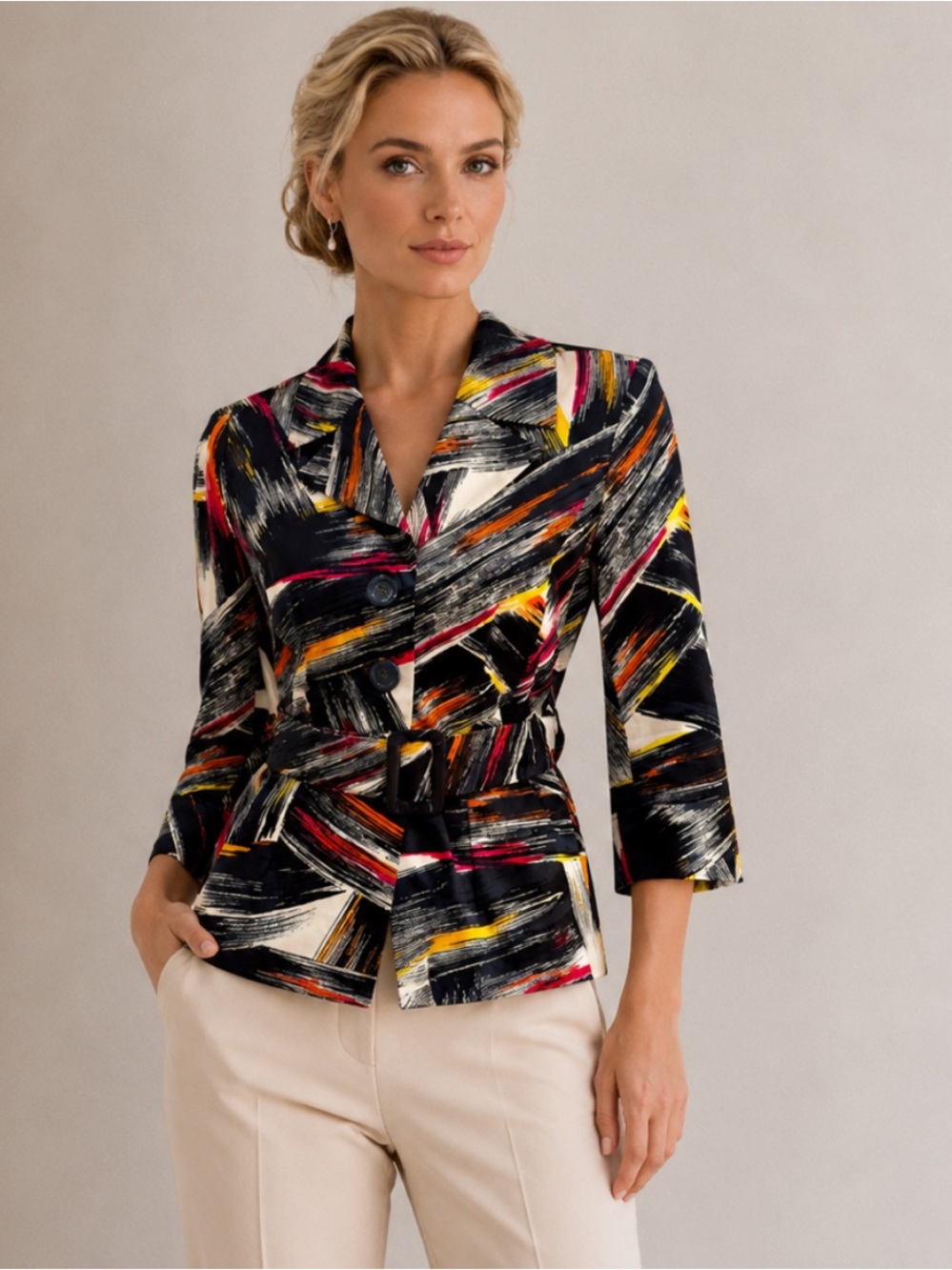 NWOT Adrienne Vittadini Brushstroke Print Belted Blazer. Size 8 Petite